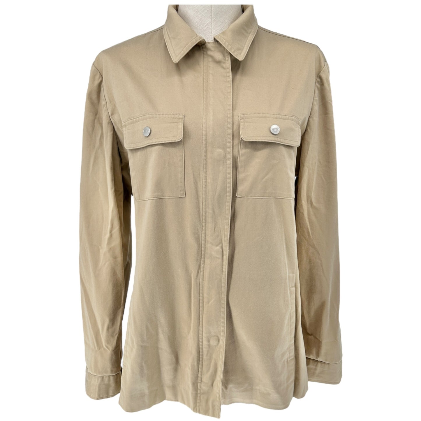 Evan-Picone Shacket Womens S Stretch Beige Shirt Jacket LS Pockets Zip Snap