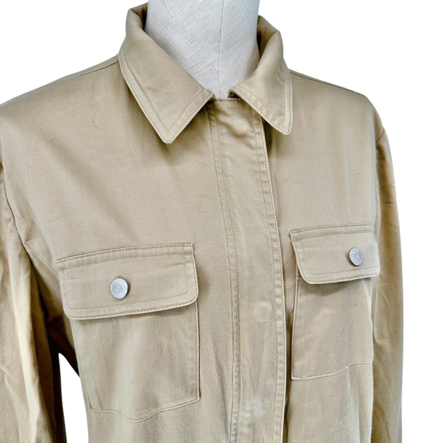 Evan-Picone Shacket Womens S Stretch Beige Shirt Jacket LS Pockets Zip Snap