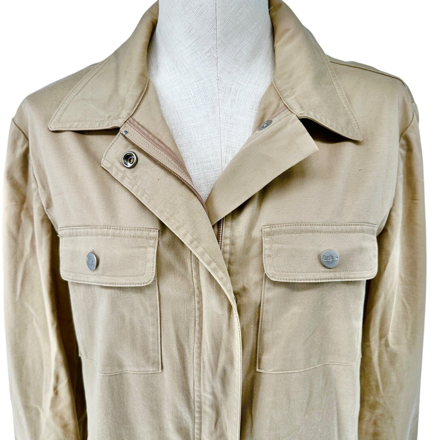 Evan-Picone Shacket Womens S Stretch Beige Shirt Jacket LS Pockets Zip Snap