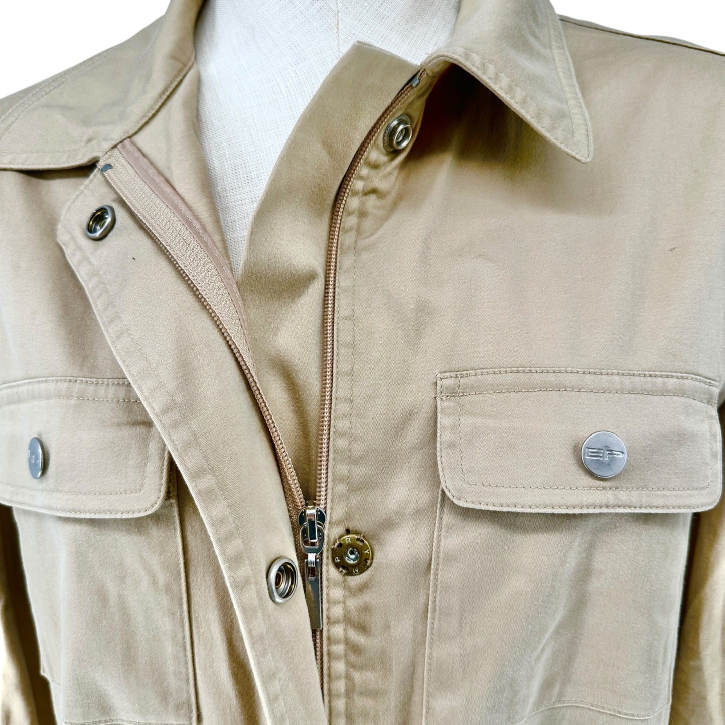 Evan-Picone Shacket Womens S Stretch Beige Shirt Jacket LS Pockets Zip Snap