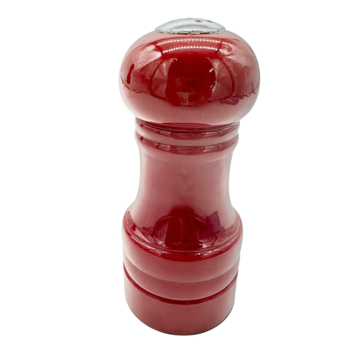 Salt and Pepper Shaker Set Deep Red Plastic 4 inch Tall Metal Tops Rubber Plugs