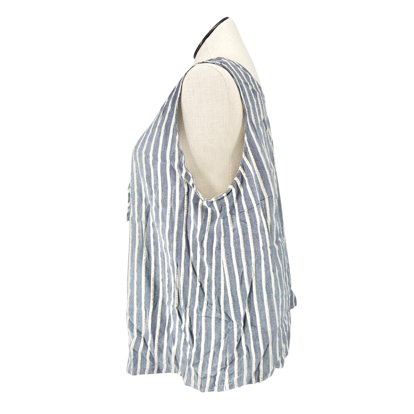 Striped Sleeveless Tunic Top 2X Lace Up Front Accent Rayon Blend Blue White