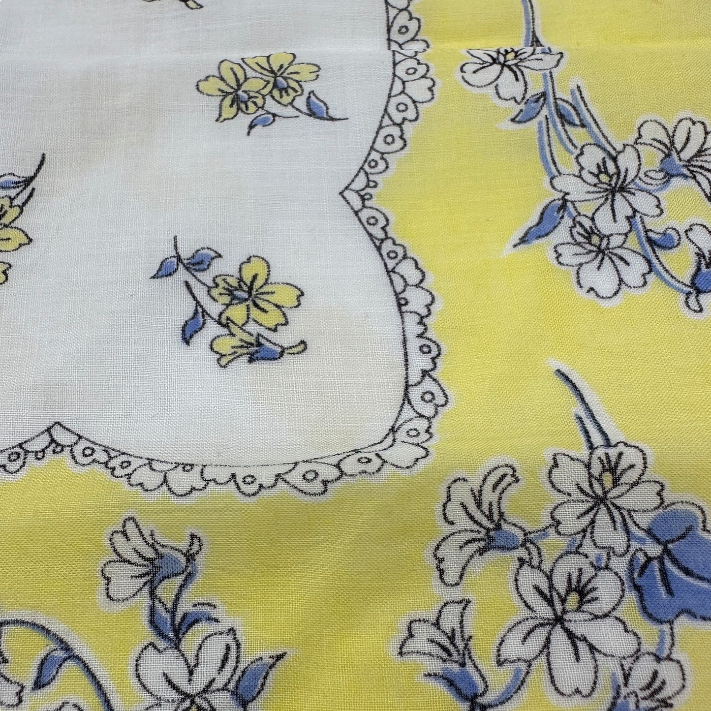 Vintage Floral Handkerchief Yellow White Cotton Square 12x12 Scalloped Detail