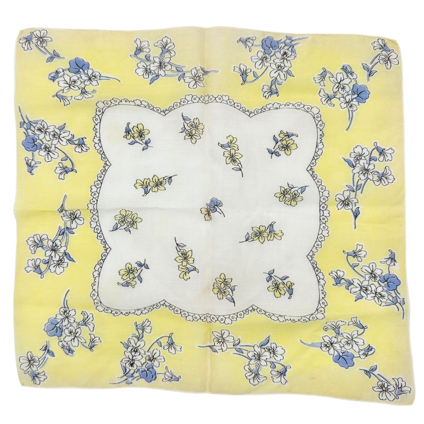 Vintage Floral Handkerchief Yellow White Cotton Square 12x12 Scalloped Detail