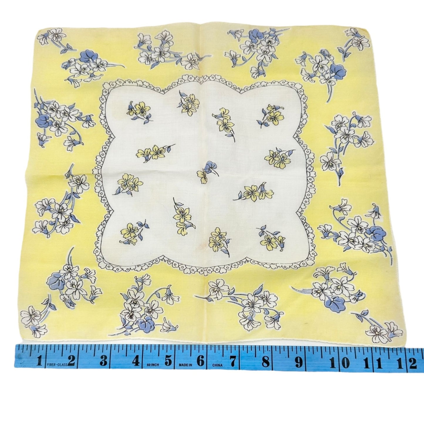 Vintage Floral Handkerchief Yellow White Cotton Square 12x12 Scalloped Detail