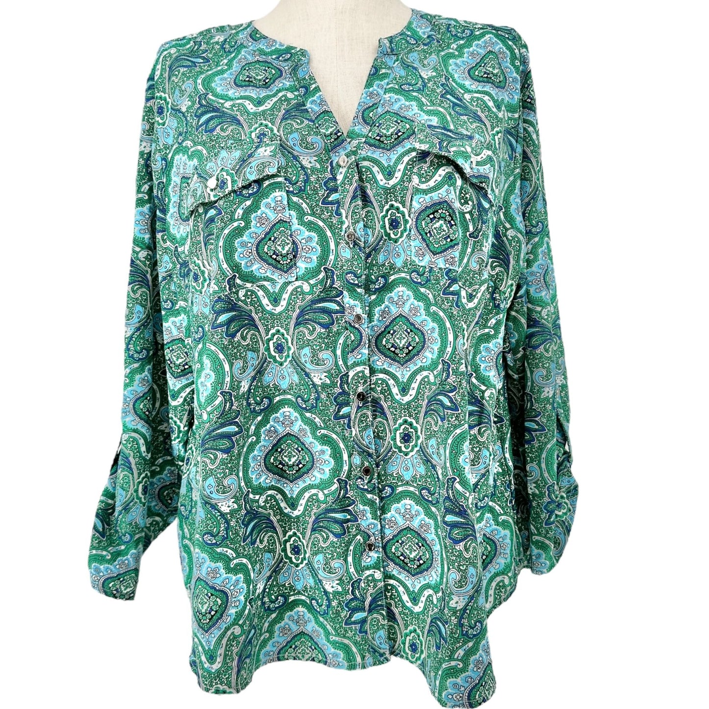 Notations Blouse Womens 2X Green Blue Paisley Roll Tab Sleeves Polyester Spandex