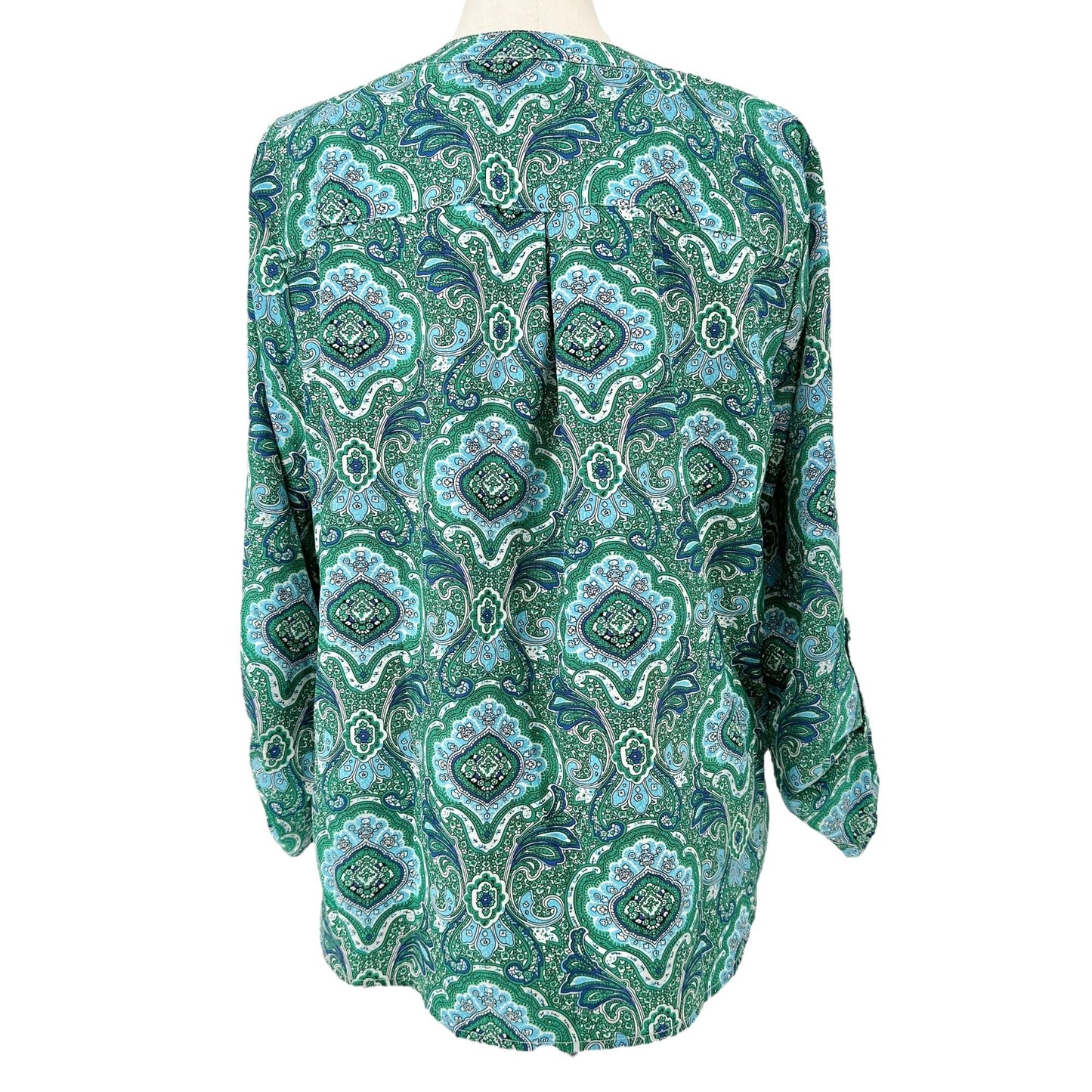 Notations Blouse Womens 2X Green Blue Paisley Roll Tab Sleeves Polyester Spandex