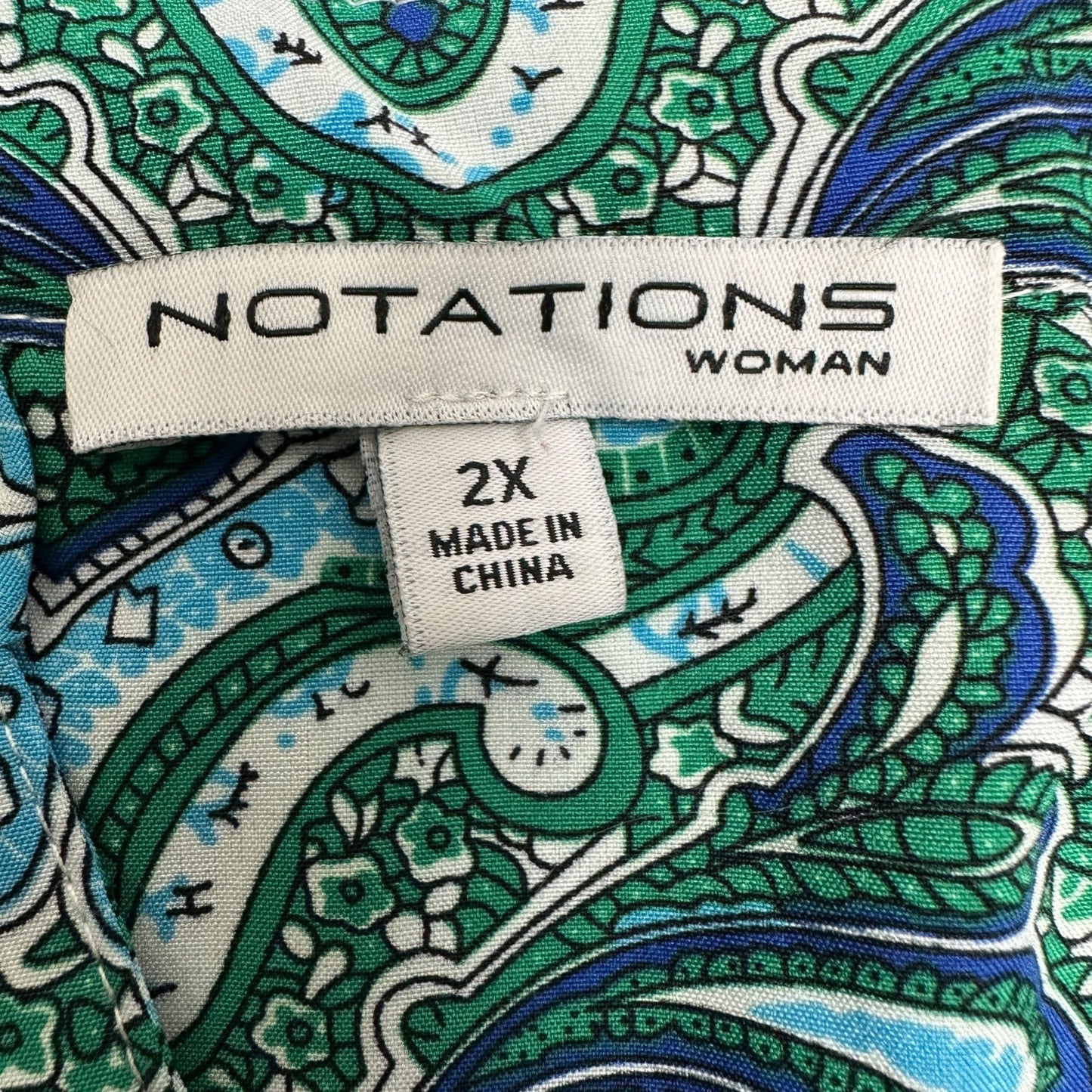Notations Blouse Womens 2X Green Blue Paisley Roll Tab Sleeves Polyester Spandex