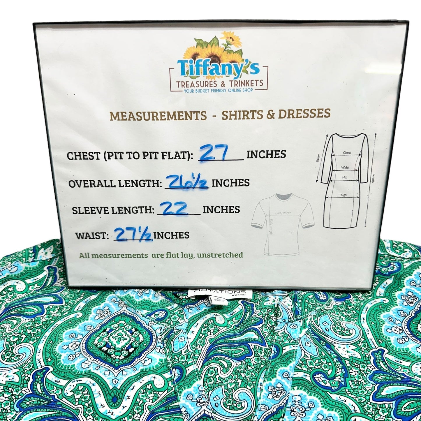 Notations Blouse Womens 2X Green Blue Paisley Roll Tab Sleeves Polyester Spandex