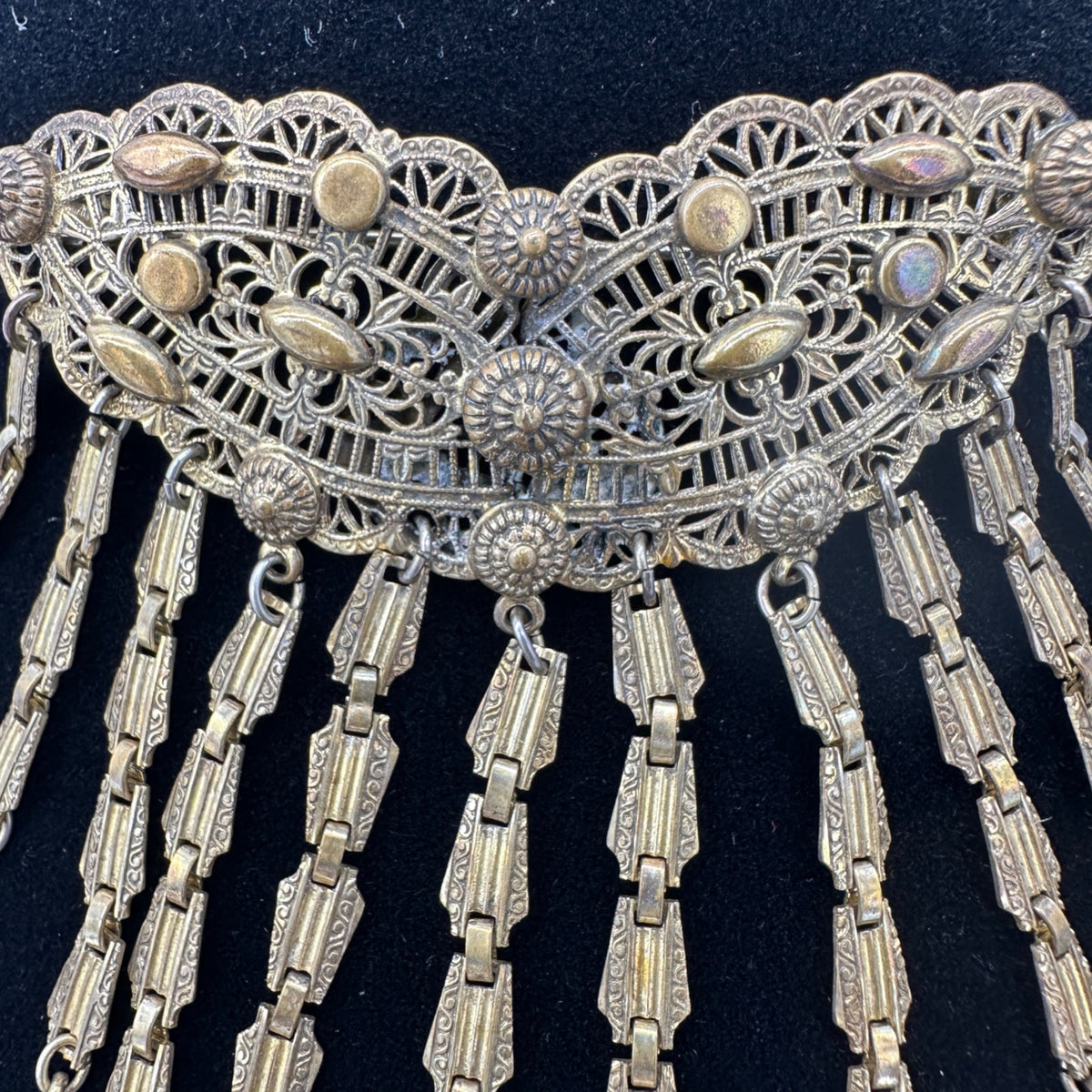 Antique Early 1900s Gold Tone Filigree Brooch Dangling Chains Teardrop Accents