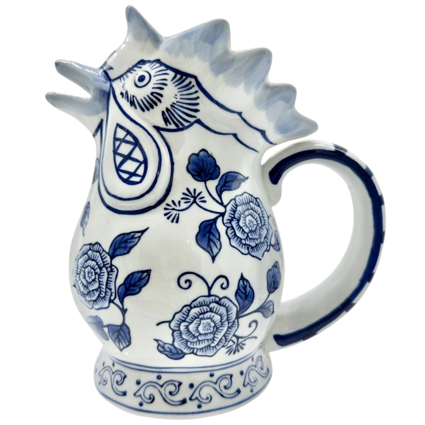 Bella Casa Rooster Pitcher Blue and White Ceramic with Floral Design 8" Tall