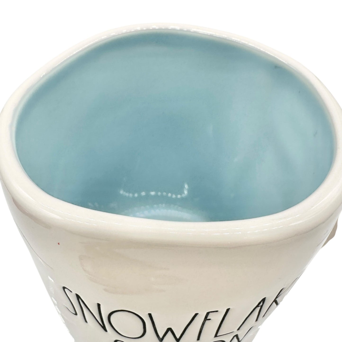 Rae Dunn Artisan Collection Snowflake Season Ceramic Mug 16 oz White Blue inside
