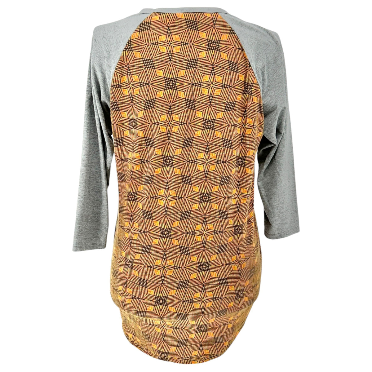 LuLaRoe Randy Top L Orange Gray Geometric Star Print 3/4 Sleeve Stretchy Shirt