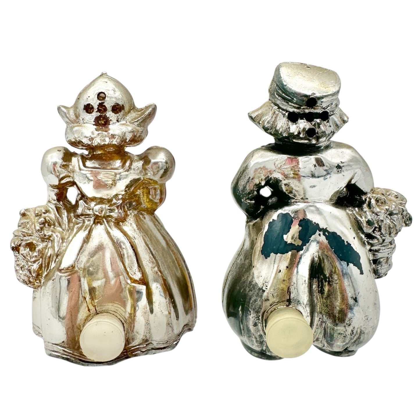 Vintage Silver Dutch Boy and Girl Salt and Pepper Shakers Plastic Collectible