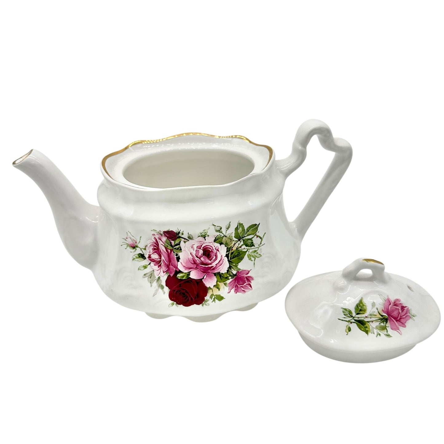 Arthur Wood England Teapot w Lid White w Pink Red Rose Floral Design Gold Trim