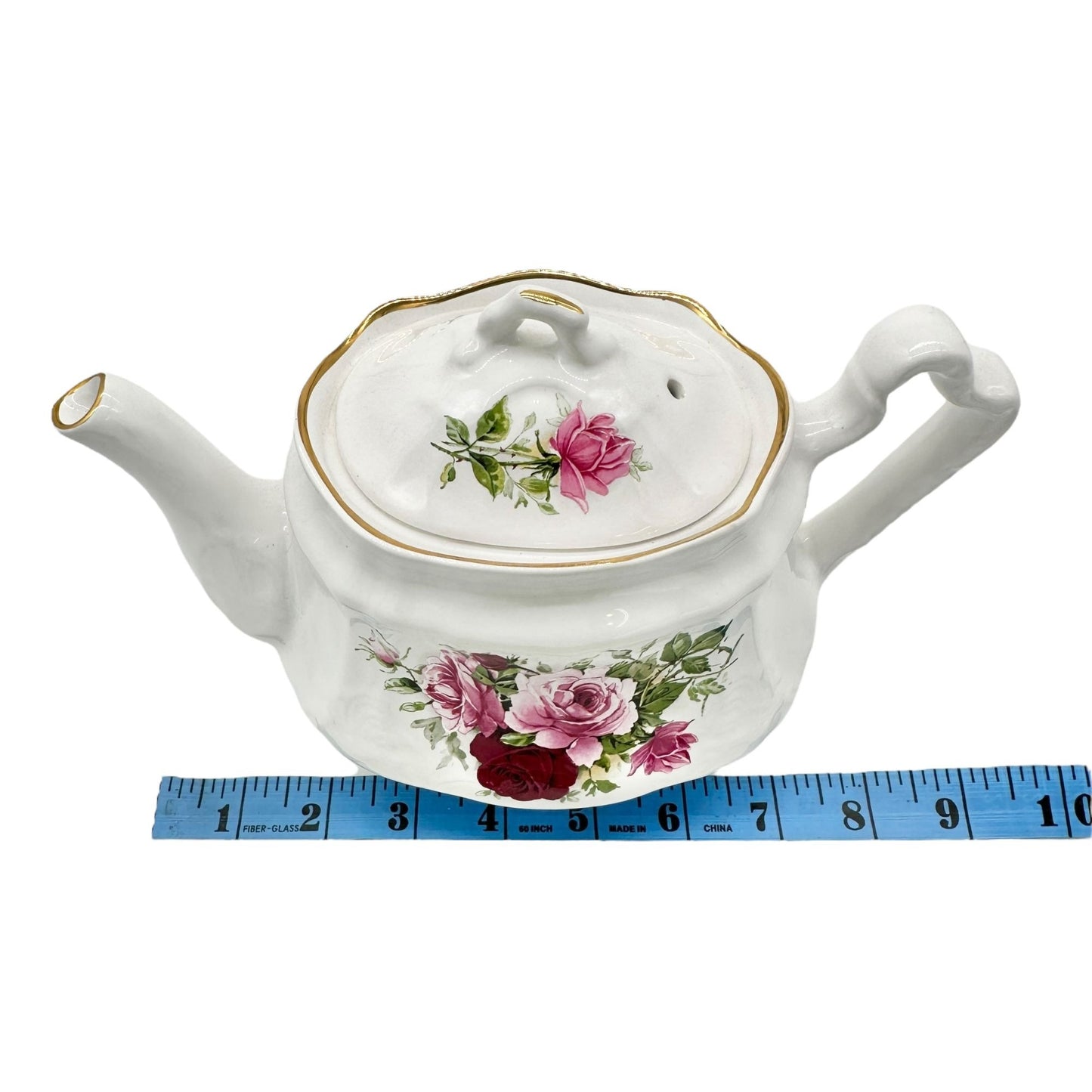 Arthur Wood England Teapot w Lid White w Pink Red Rose Floral Design Gold Trim