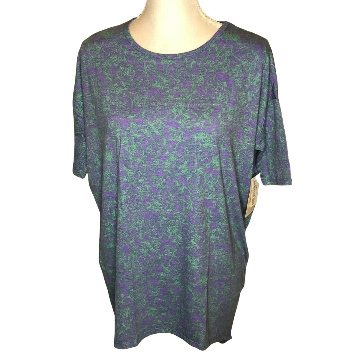 LuLaRoe Irma Top XXS Purple & Green Paisley Print High-Low Short Sleeve Tunic