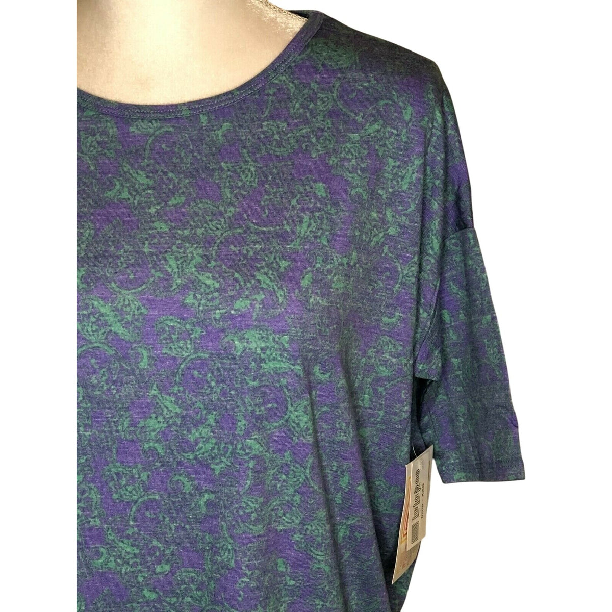 LuLaRoe Irma Top XXS Purple & Green Paisley Print High-Low Short Sleeve Tunic