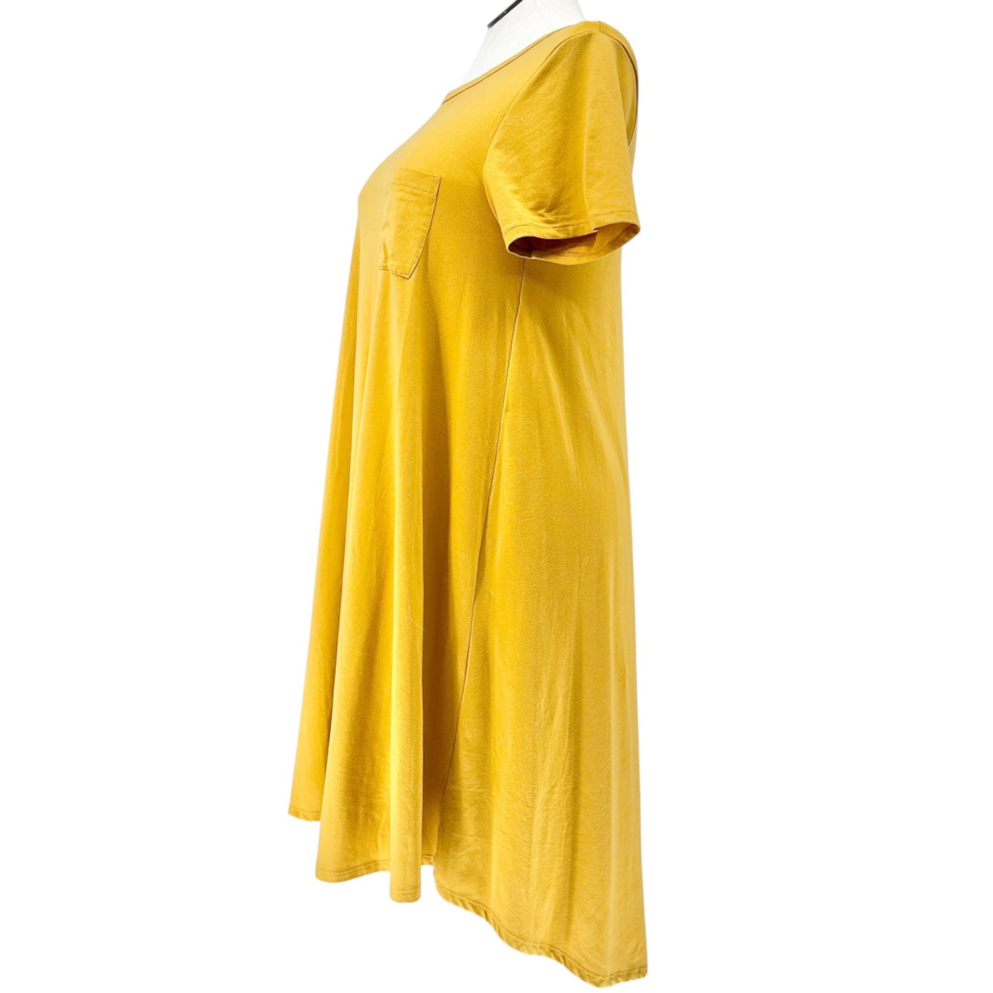 LuLaRoe Carly Dress Womens M SS Mustard Yellow A-Line Soft Stretchy Pocket HiLow