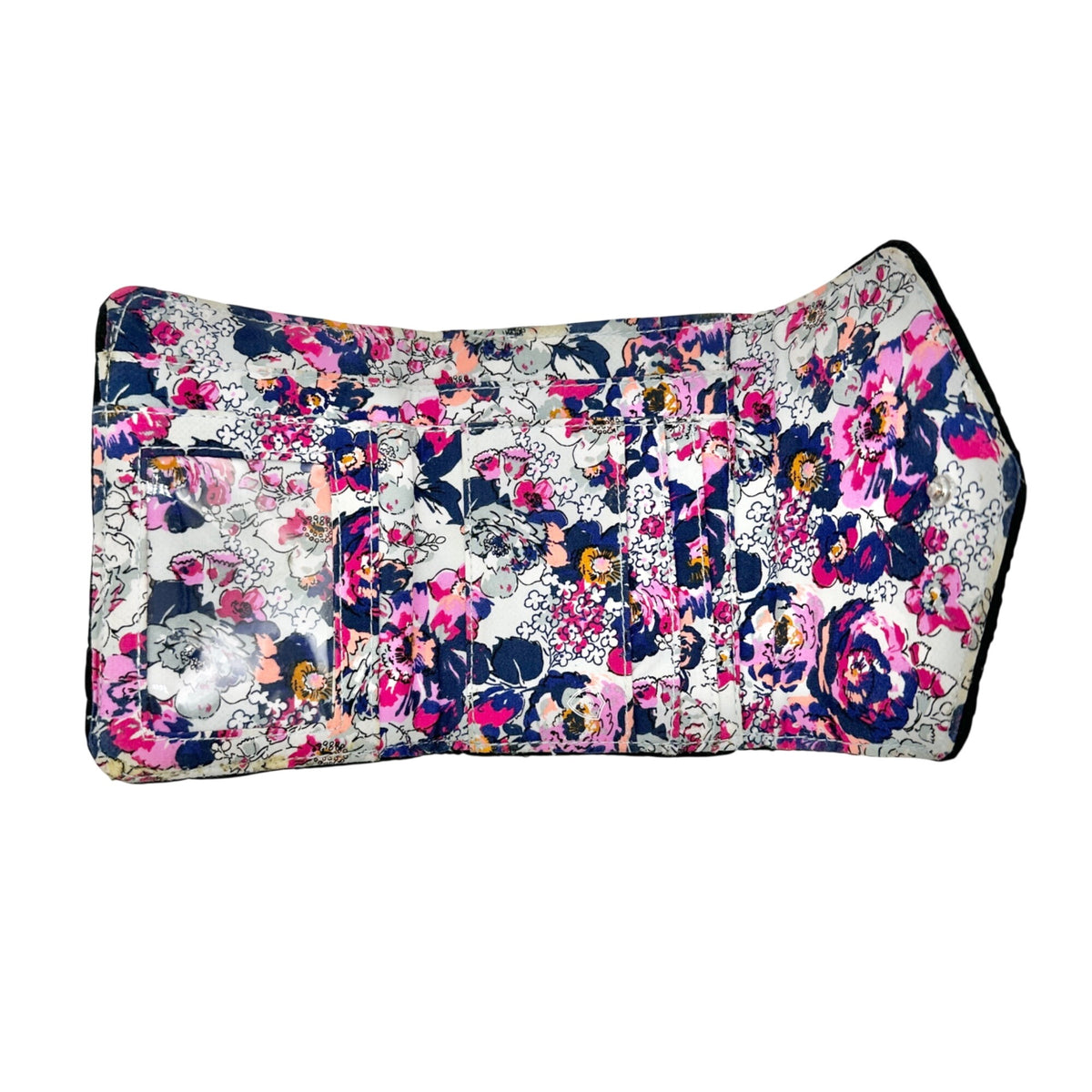 Vera Bradley RFID Black Quilted Trifold Wallet With Colorful Floral Interior
