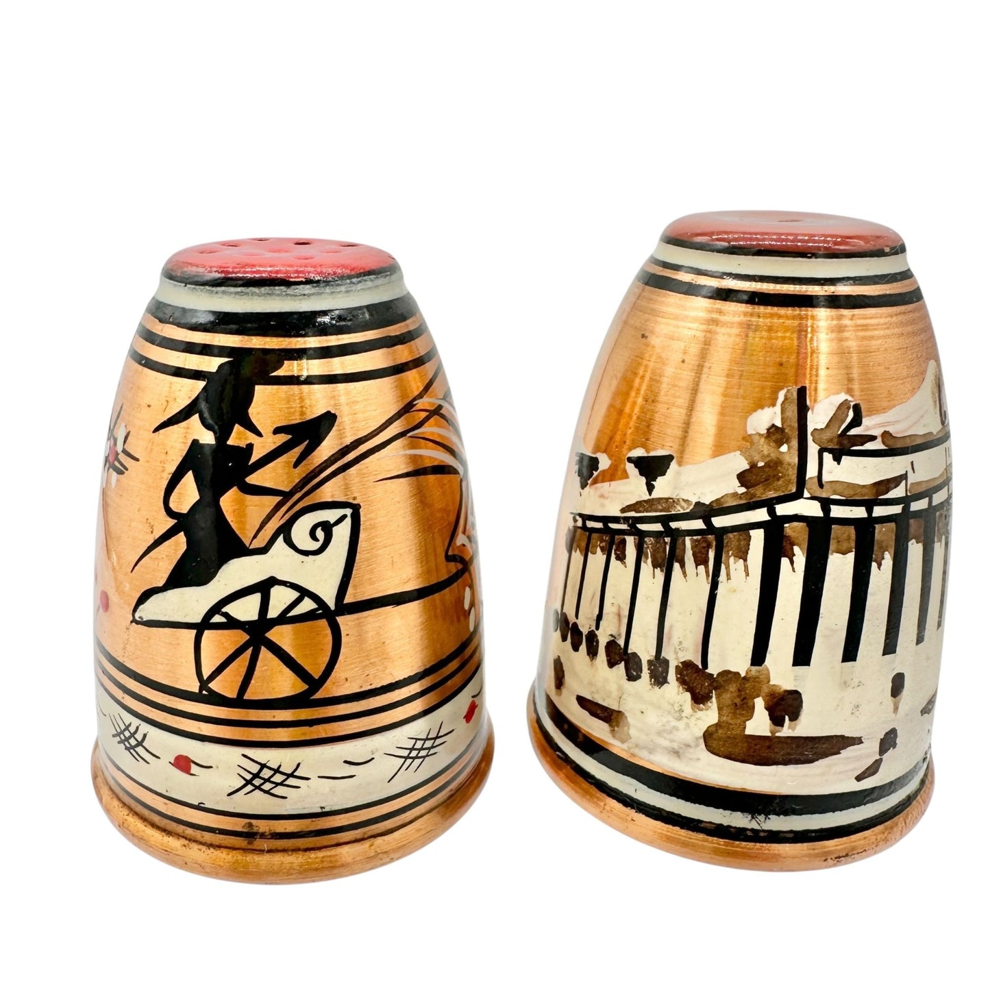 Vintage Greek Copper Salt and Pepper Shakers Painted Black & Red Design 2" Tall