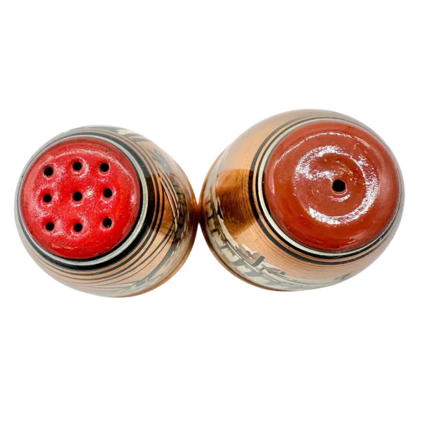 Vintage Greek Copper Salt and Pepper Shakers Painted Black & Red Design 2" Tall