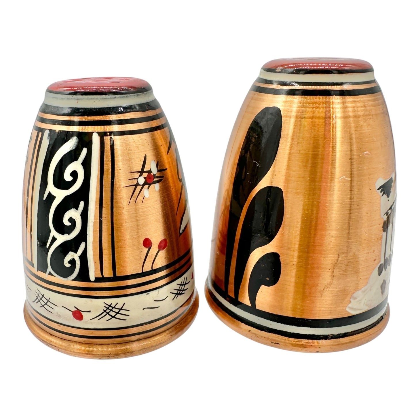 Vintage Greek Copper Salt and Pepper Shakers Painted Black & Red Design 2" Tall