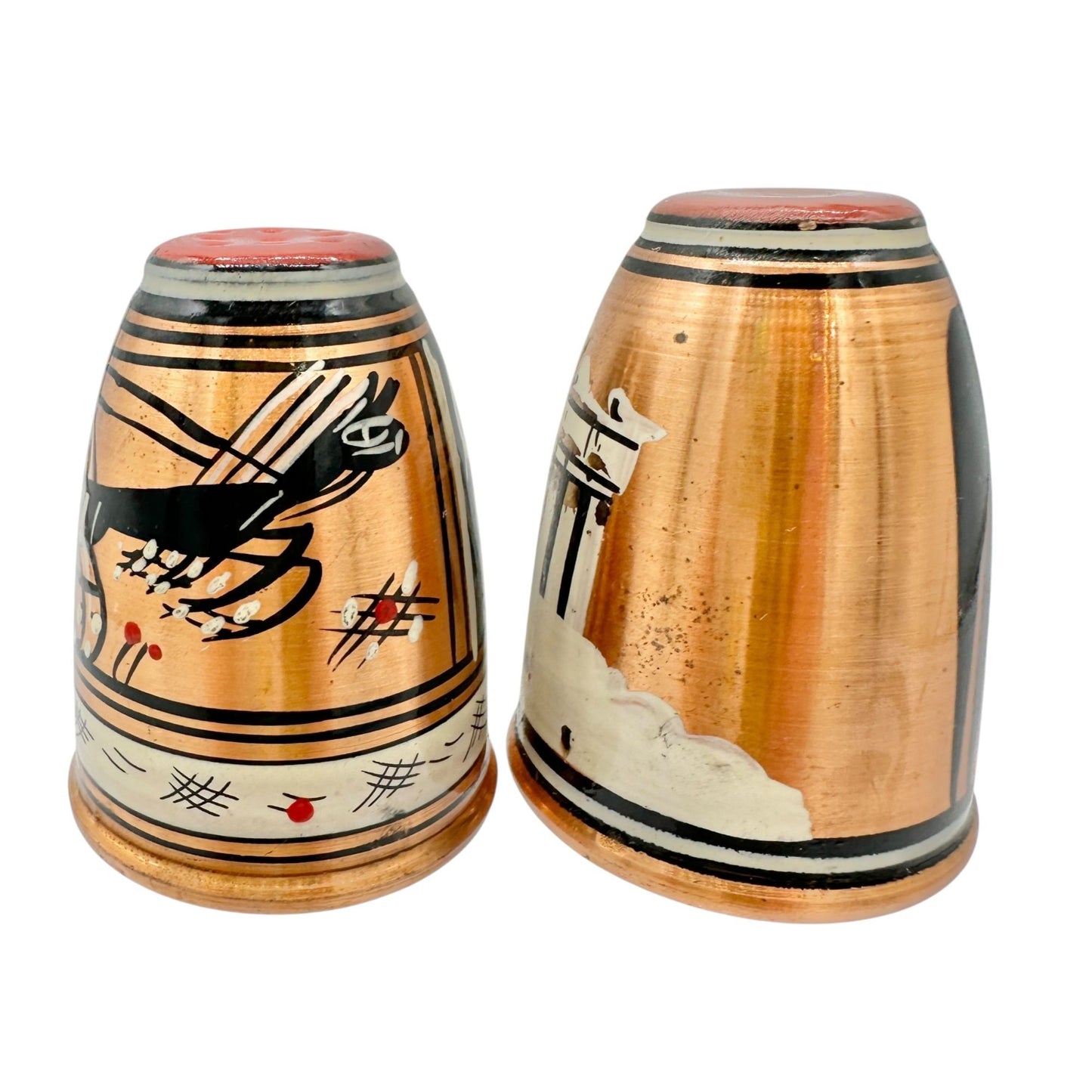 Vintage Greek Copper Salt and Pepper Shakers Painted Black & Red Design 2" Tall