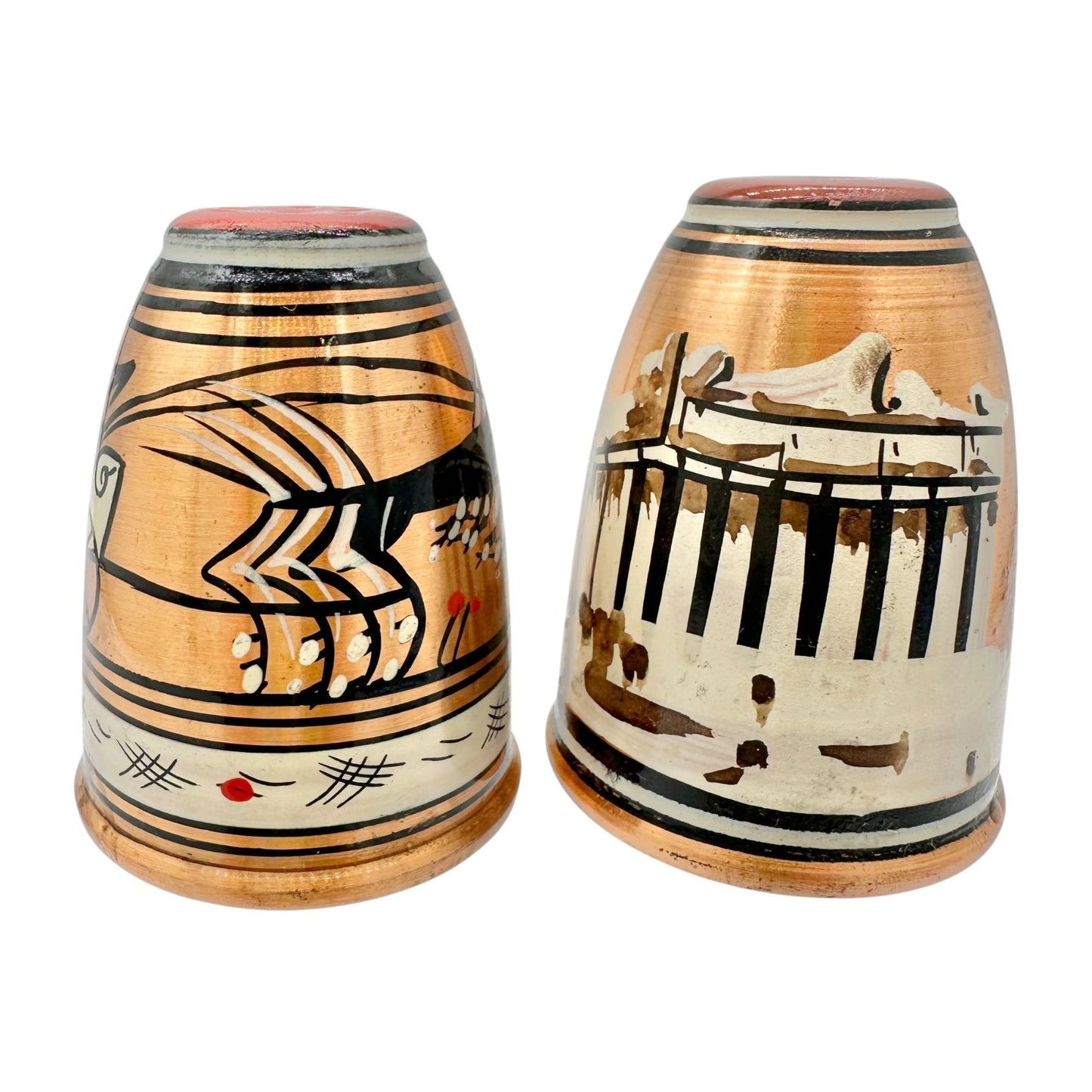 Vintage Greek Copper Salt and Pepper Shakers Painted Black & Red Design 2" Tall