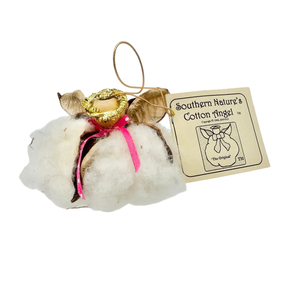 Southern Natures Cotton Angel Ornament Handcrafted w Pink Ribbon Christmas