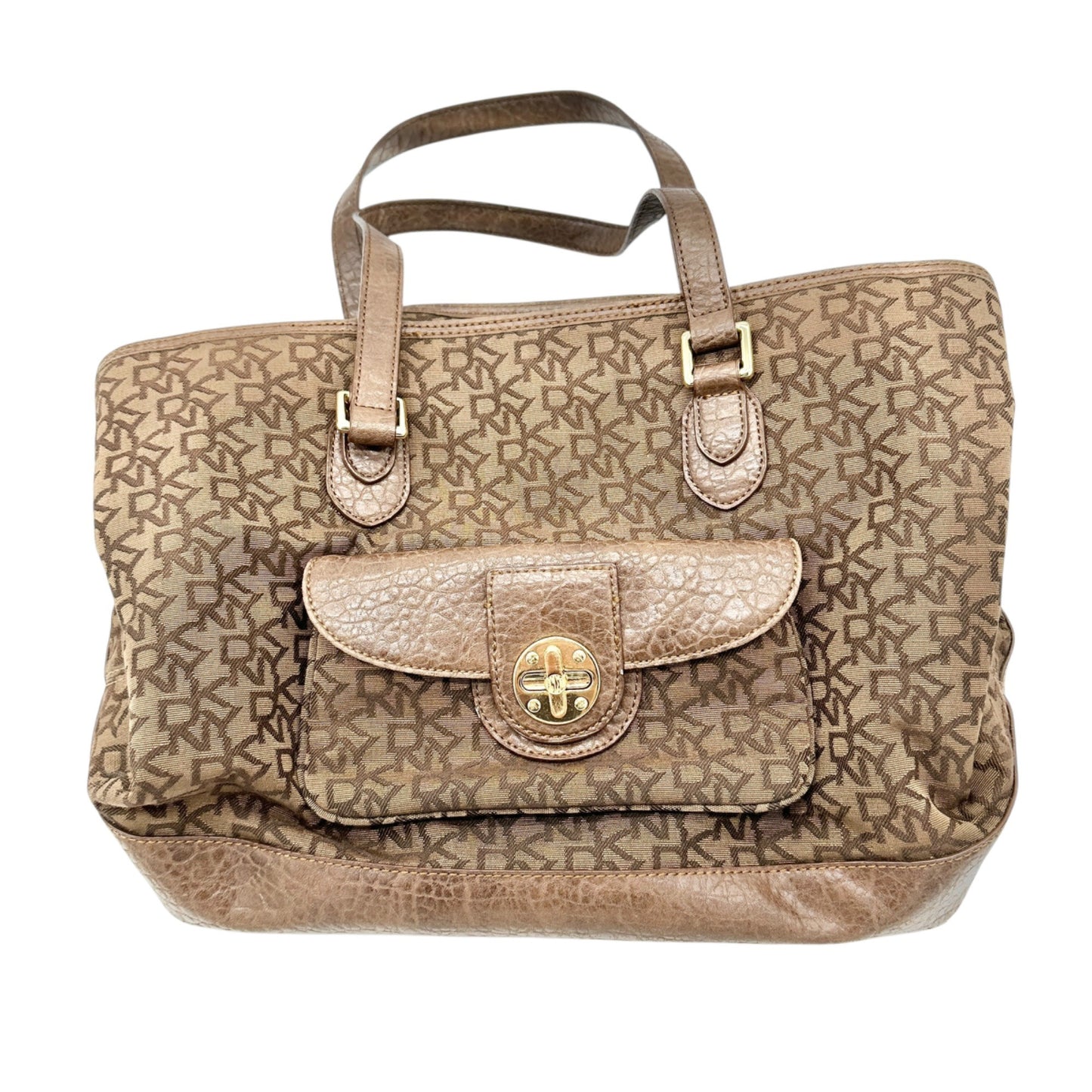 DKNY Monogrammed Tote Bag Brown Faux Leather Trim Gold Hardware 11x13x7