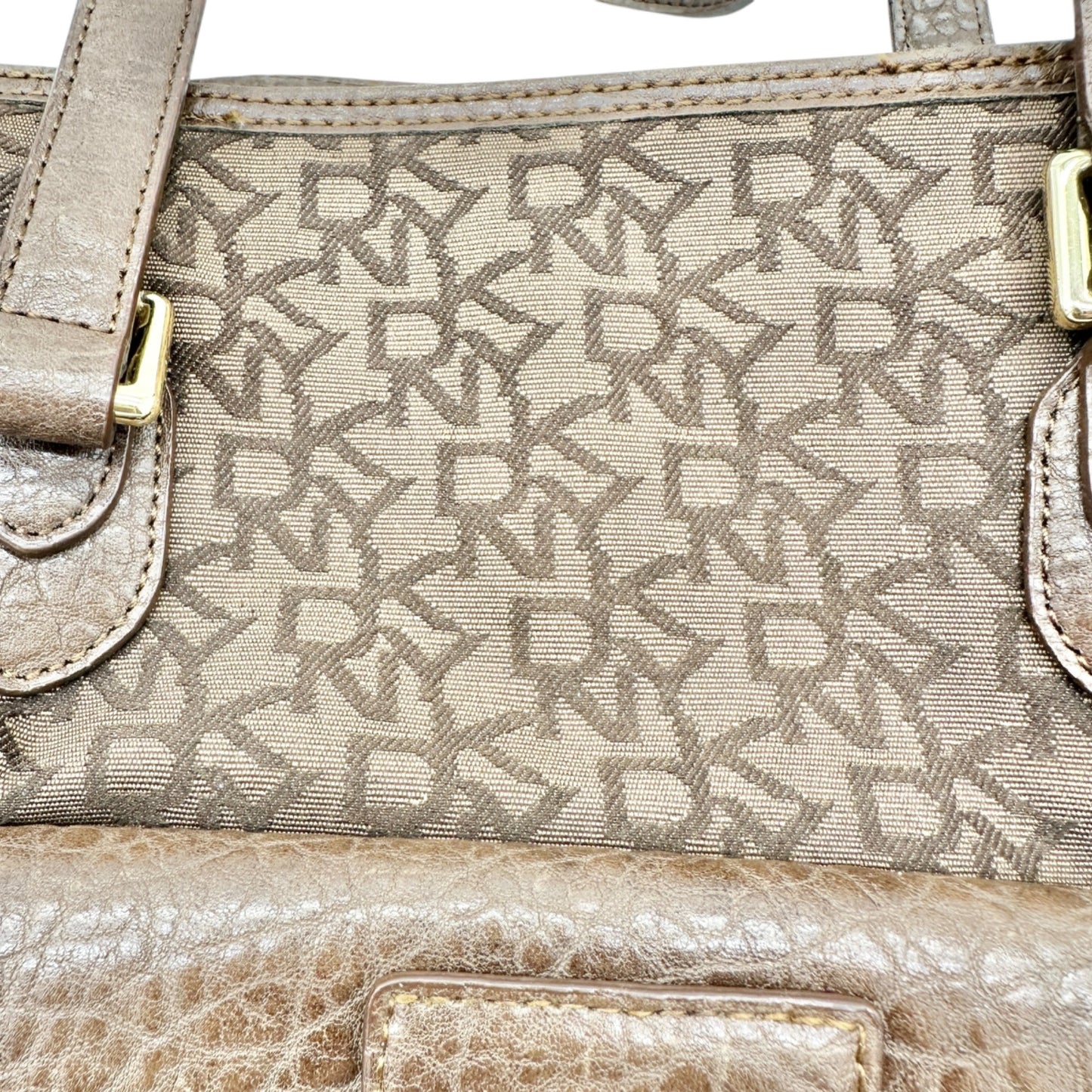 DKNY Monogrammed Tote Bag Brown Faux Leather Trim Gold Hardware 11x13x7