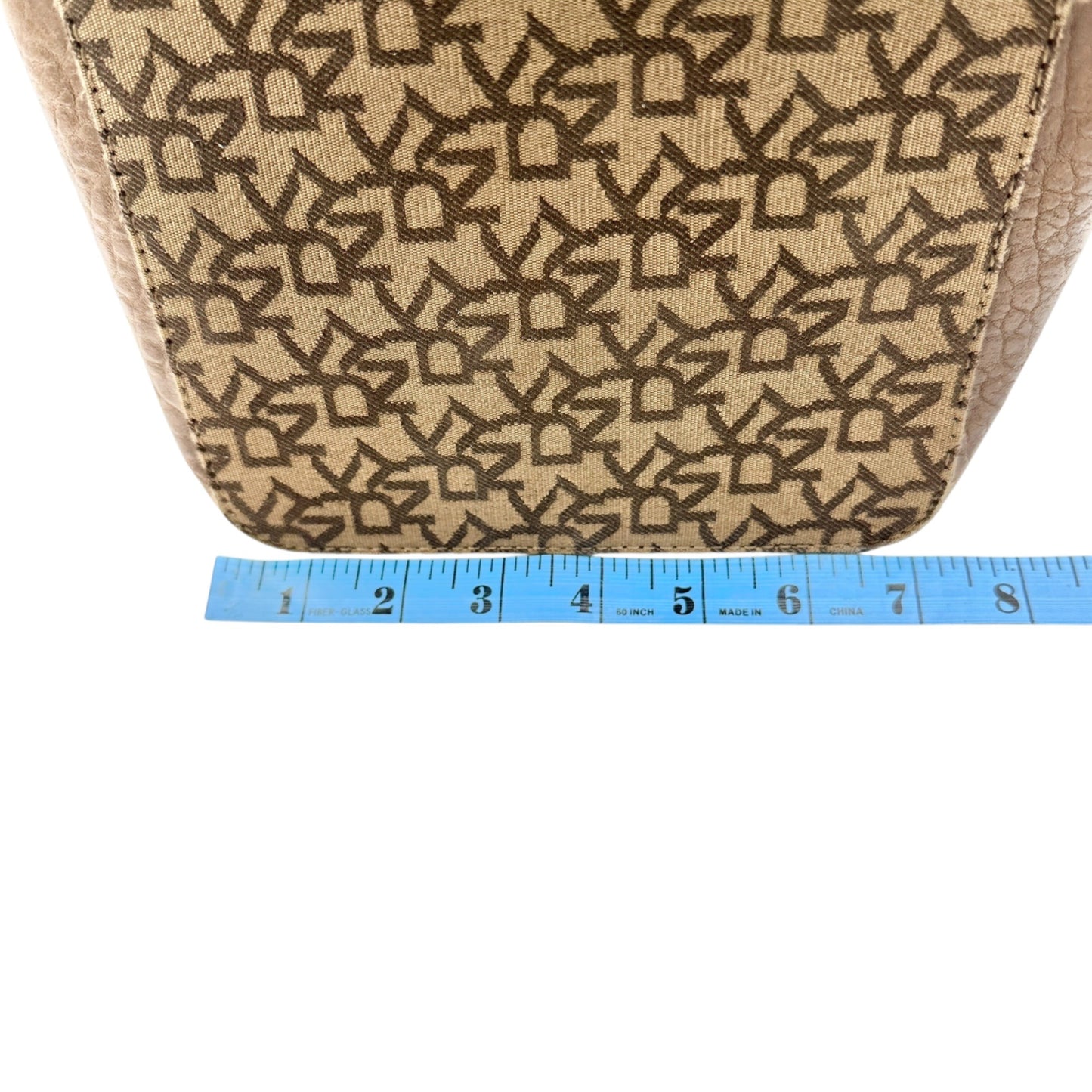 DKNY Monogrammed Tote Bag Brown Faux Leather Trim Gold Hardware 11x13x7
