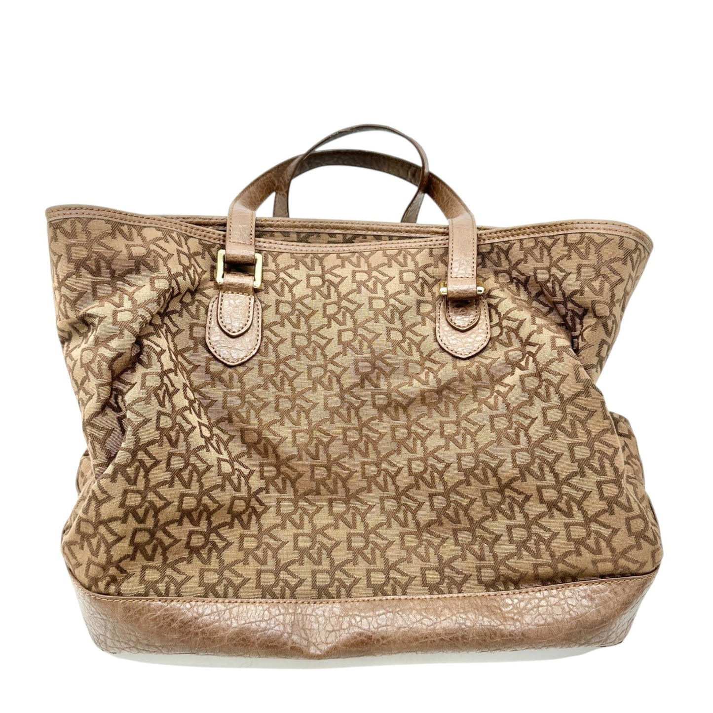 DKNY Monogrammed Tote Bag Brown Faux Leather Trim Gold Hardware 11x13x7