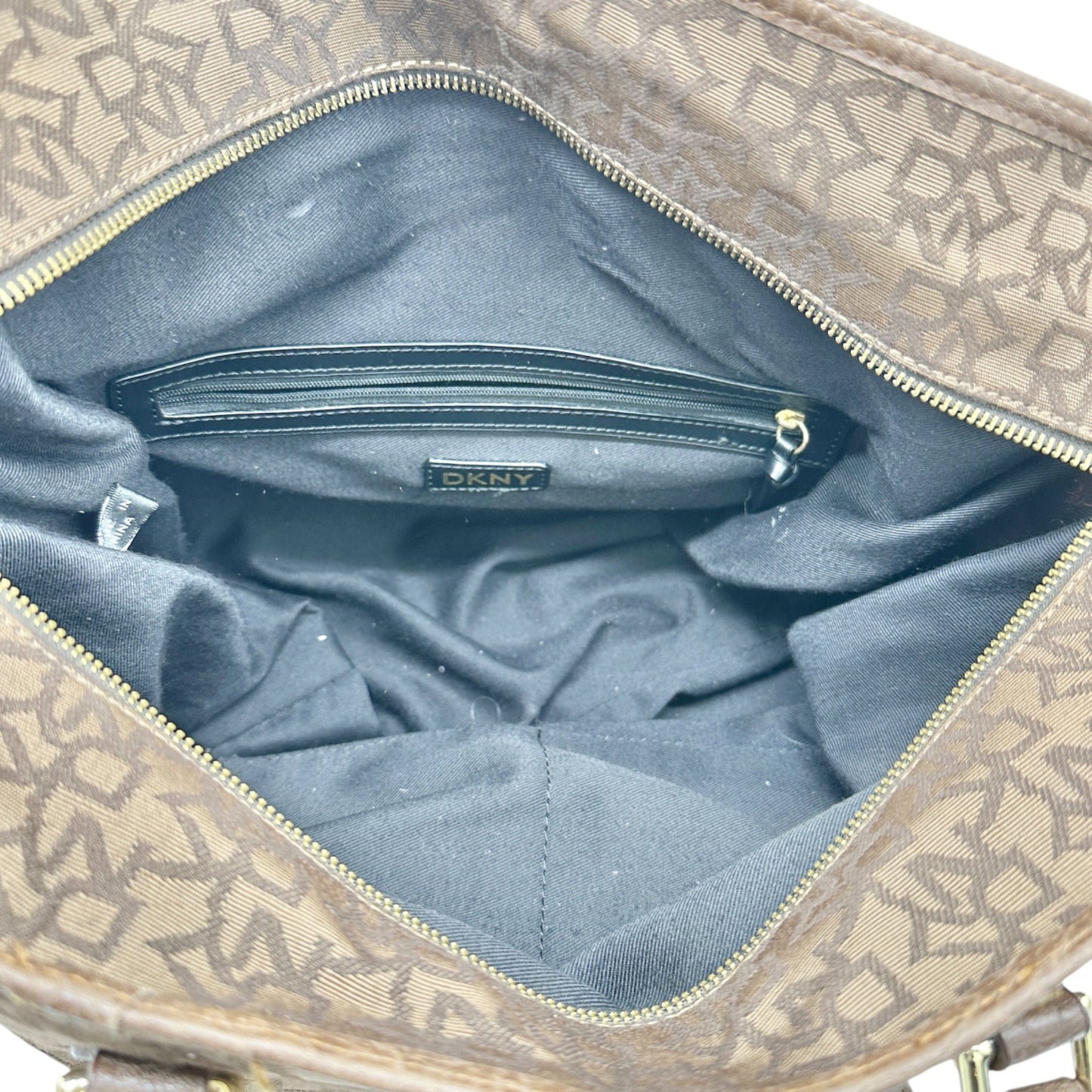 DKNY Monogrammed Tote Bag Brown Faux Leather Trim Gold Hardware 11x13x7