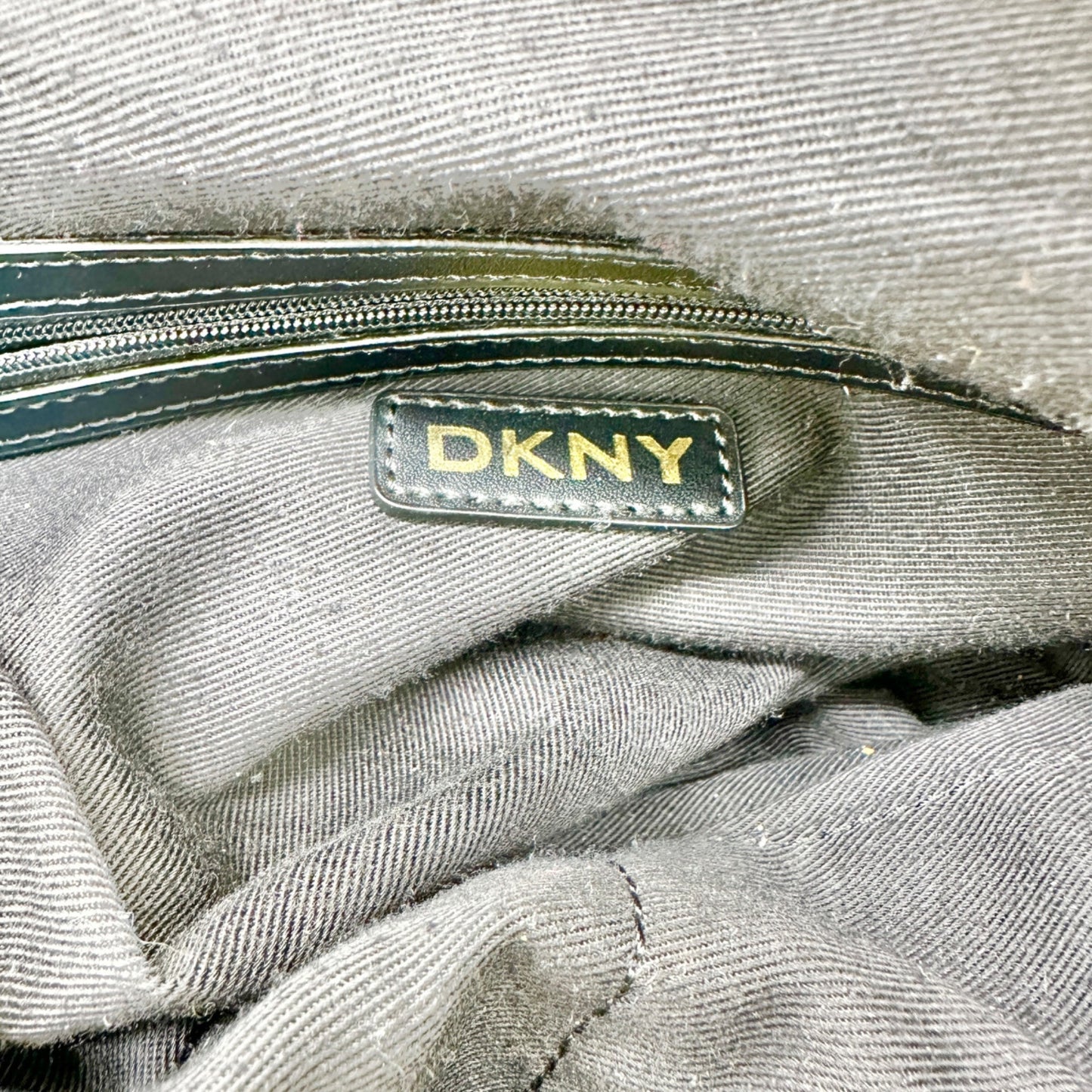 DKNY Monogrammed Tote Bag Brown Faux Leather Trim Gold Hardware 11x13x7