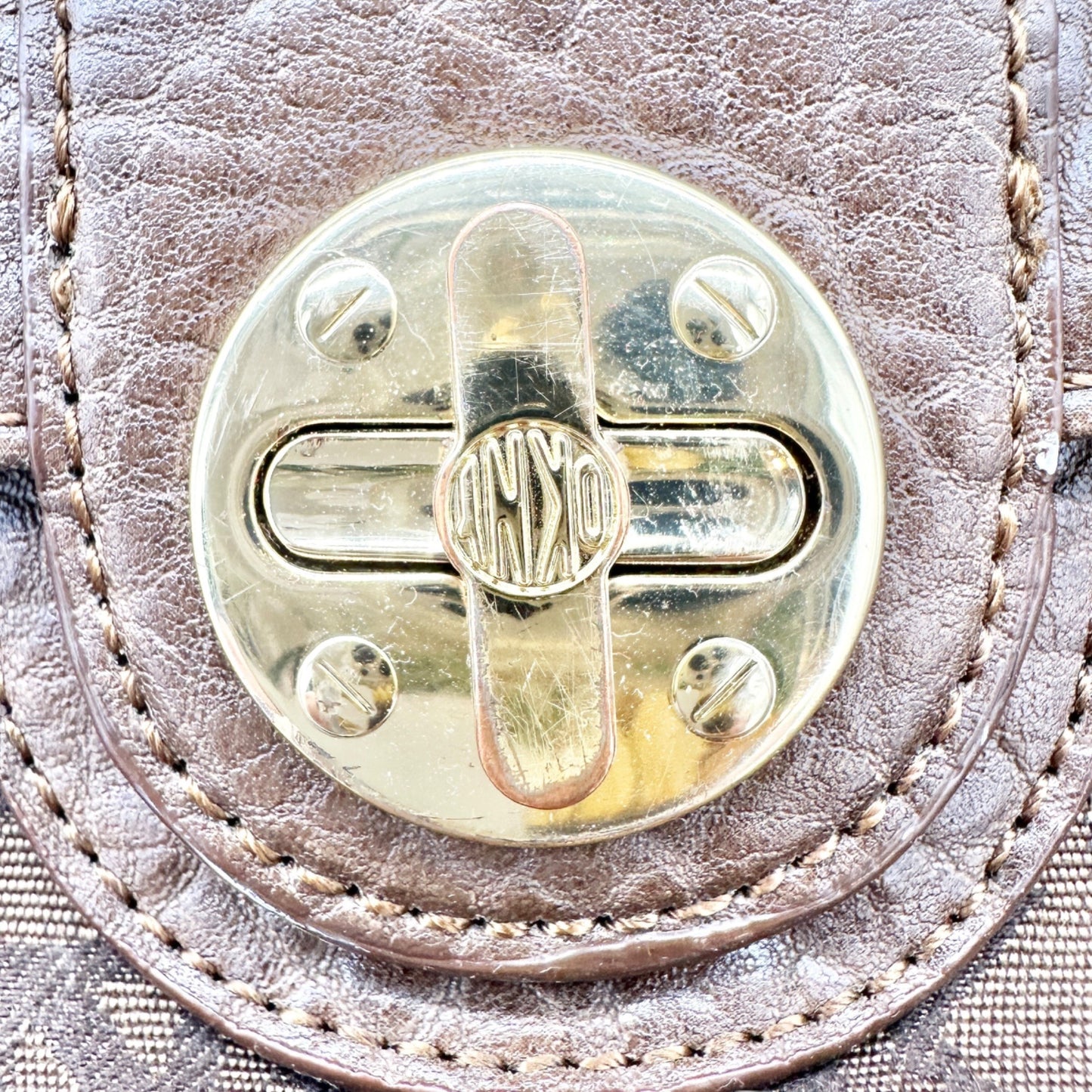DKNY Monogrammed Tote Bag Brown Faux Leather Trim Gold Hardware 11x13x7
