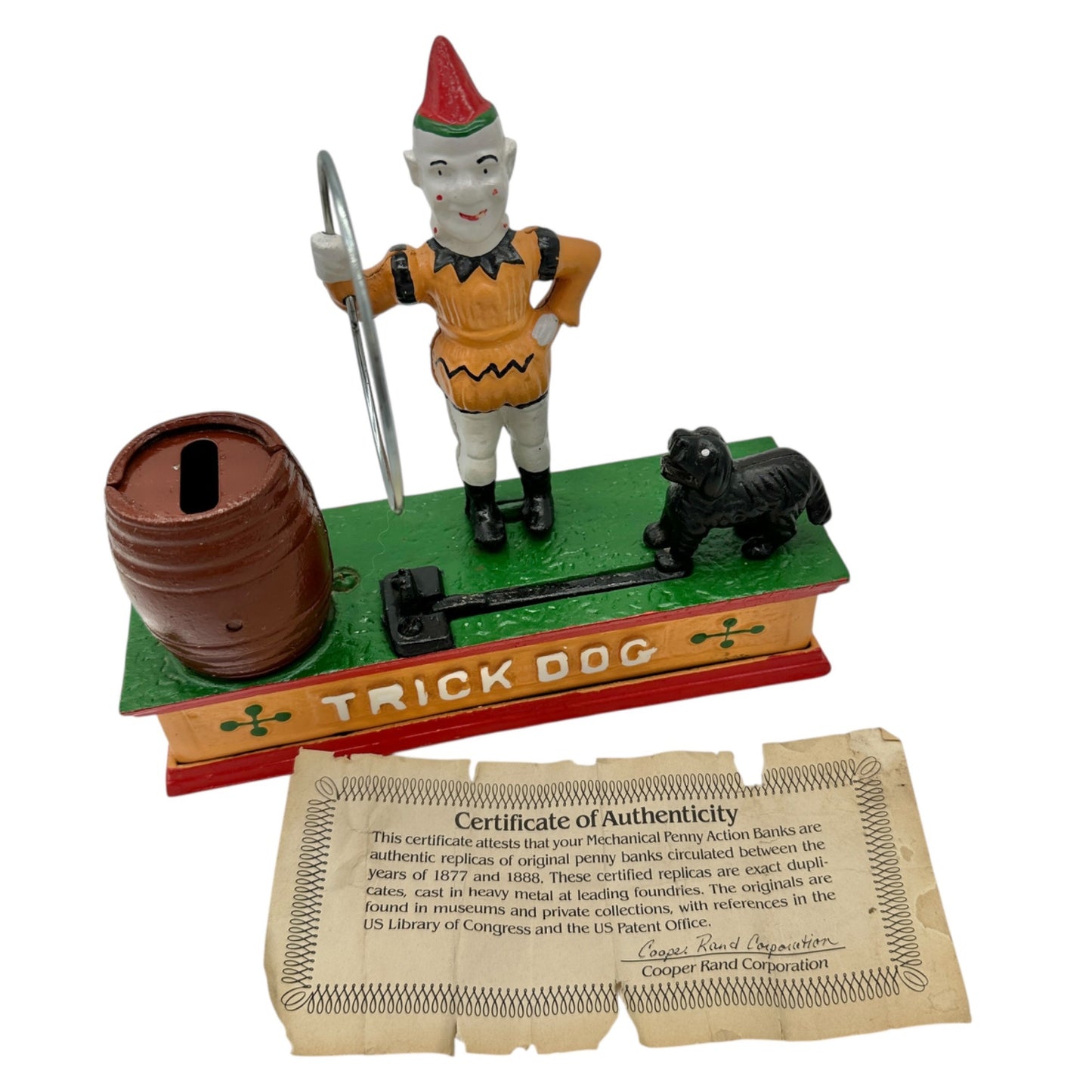 Vintage Trick Dog Mechanical Coin Bank Cast Iron Replica 1877 Design COA Include