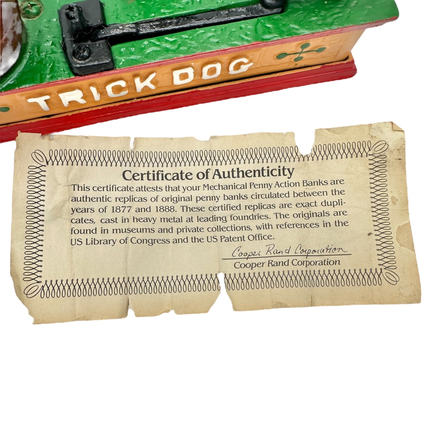 Vintage Trick Dog Mechanical Coin Bank Cast Iron Replica 1877 Design COA Include