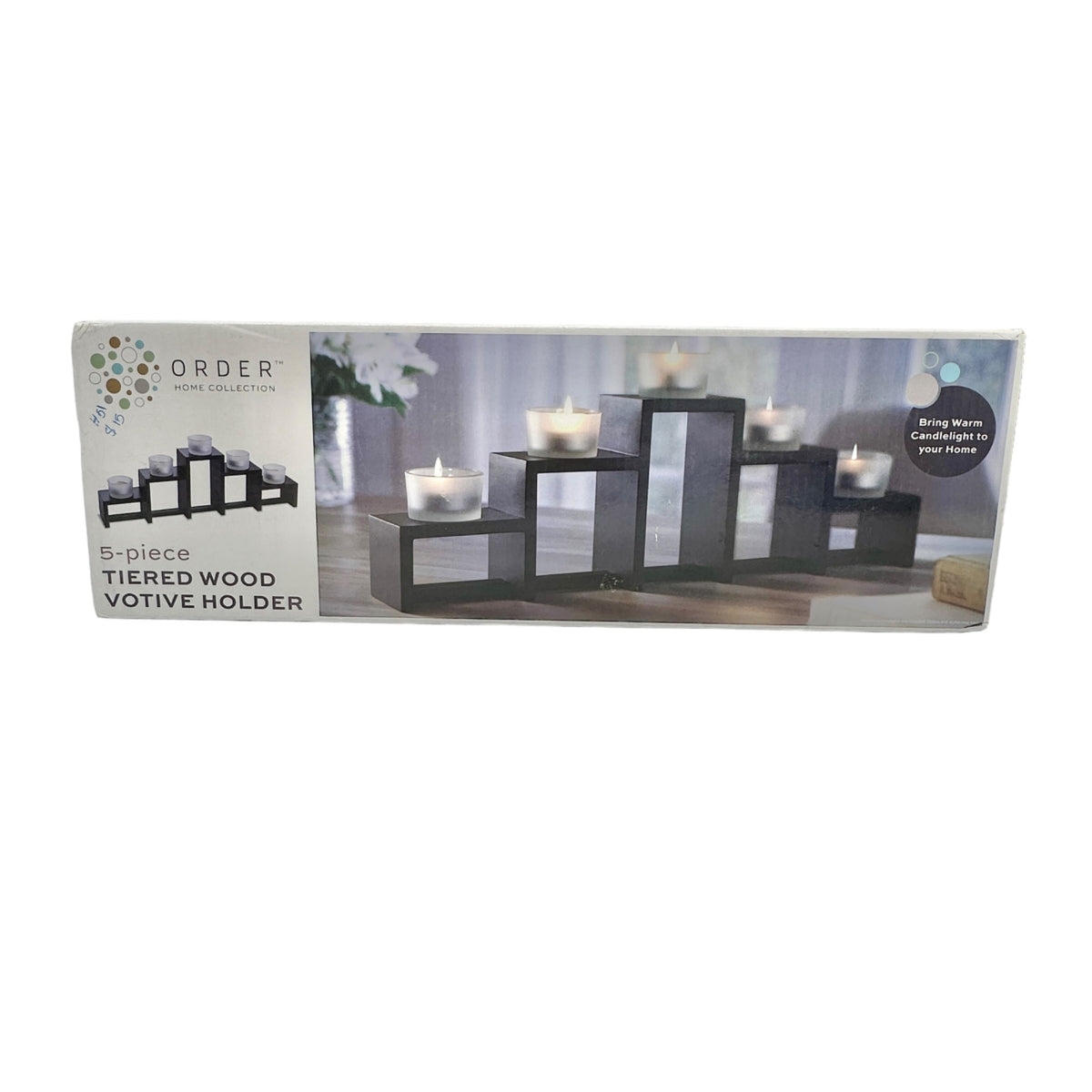 Order Home Collection 5 pc Tiered Wood Glass Votive Holder with Candles NIB