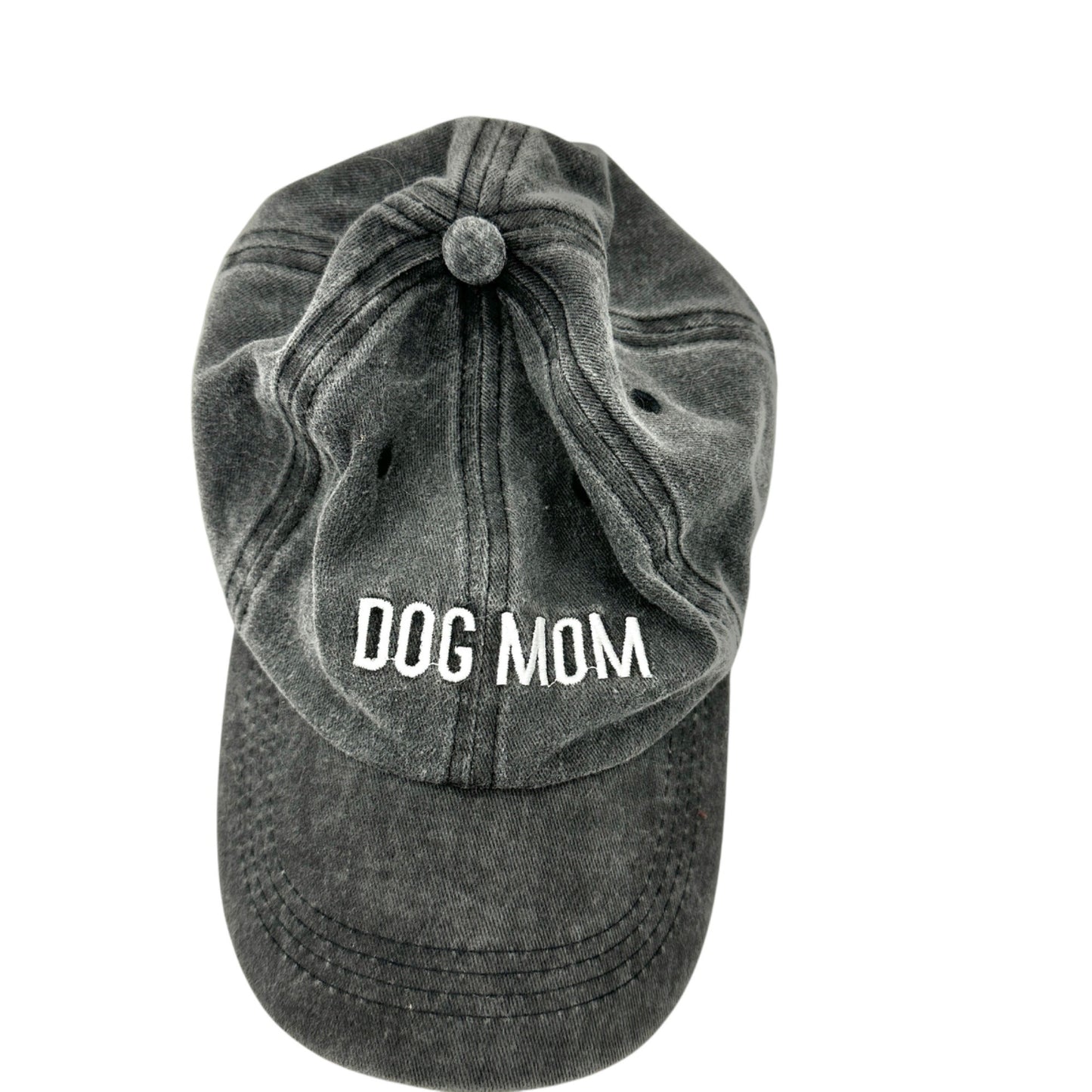 DOG MOM Washed Black Adjustable Baseball Cap With Embroidered Text