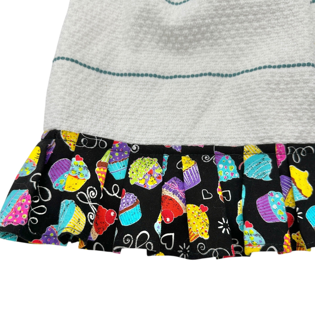 Handmade Hanging Kitchen Towel With Cupcake Print Top and Ruffle Trim Colorful