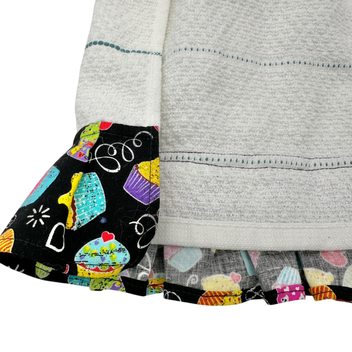Handmade Hanging Kitchen Towel With Cupcake Print Top and Ruffle Trim Colorful