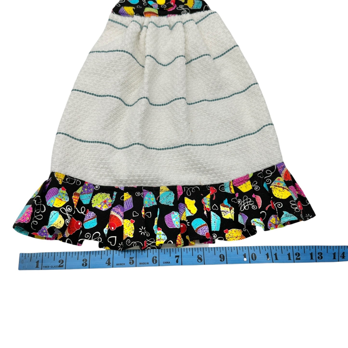 Handmade Hanging Kitchen Towel With Cupcake Print Top and Ruffle Trim Colorful