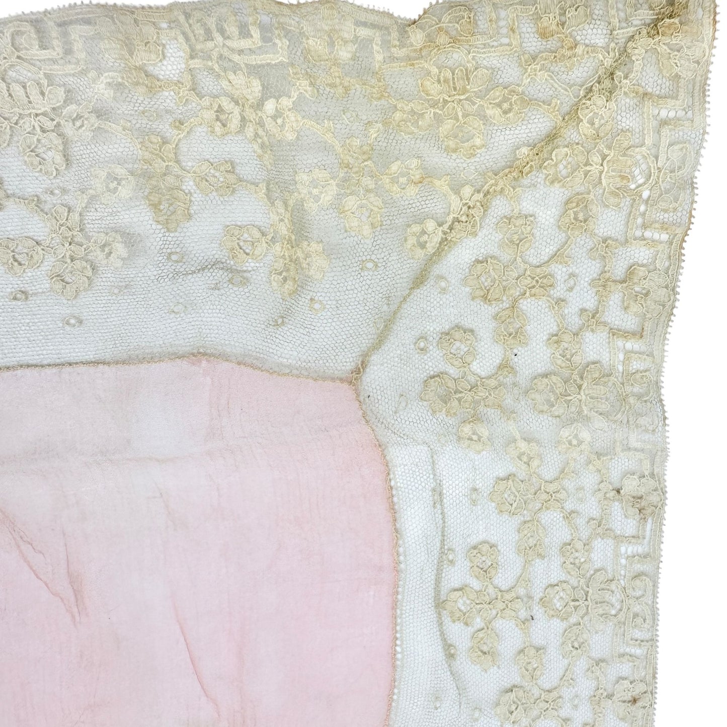 Antique Pink and Off White Lace Handkerchief 16x16 With Floral Embroidery