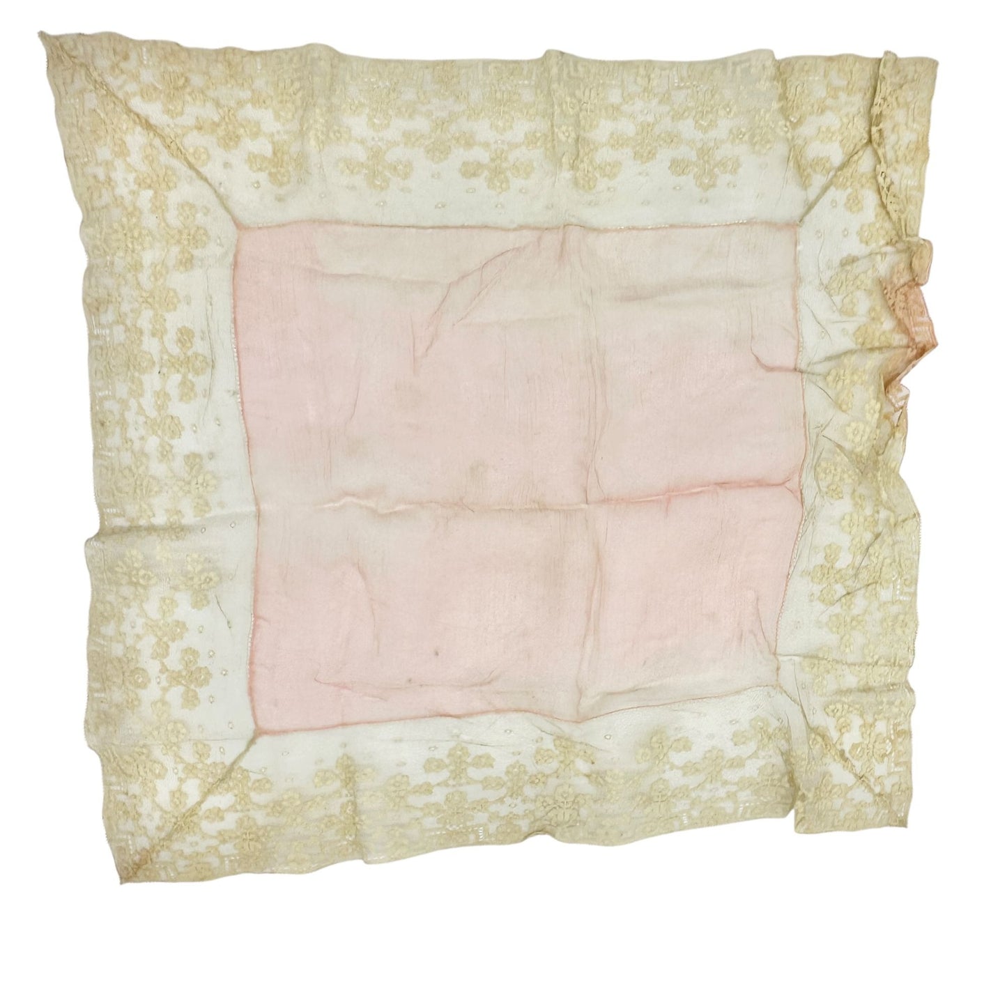 Antique Pink and Off White Lace Handkerchief 16x16 With Floral Embroidery