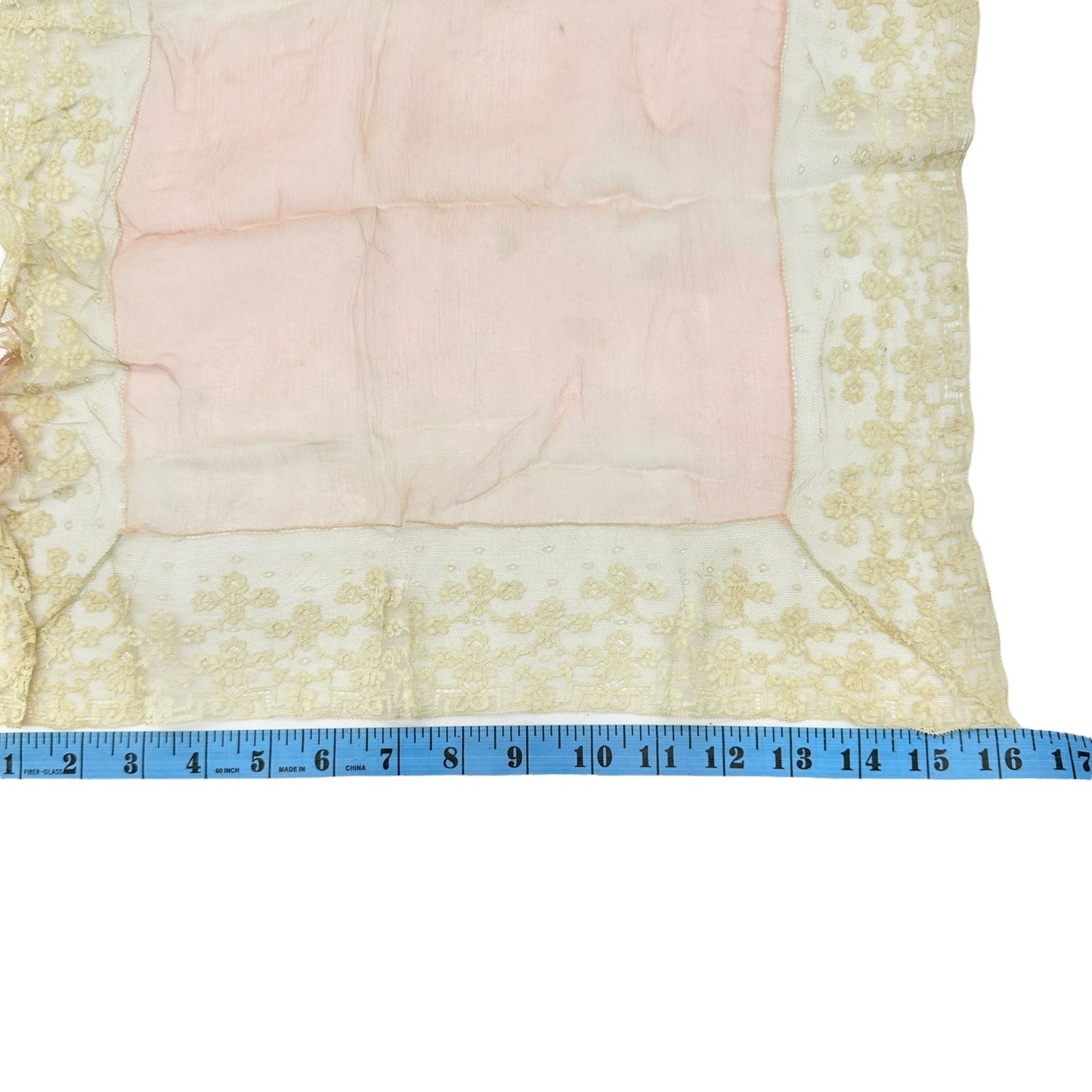 Antique Pink and Off White Lace Handkerchief 16x16 With Floral Embroidery