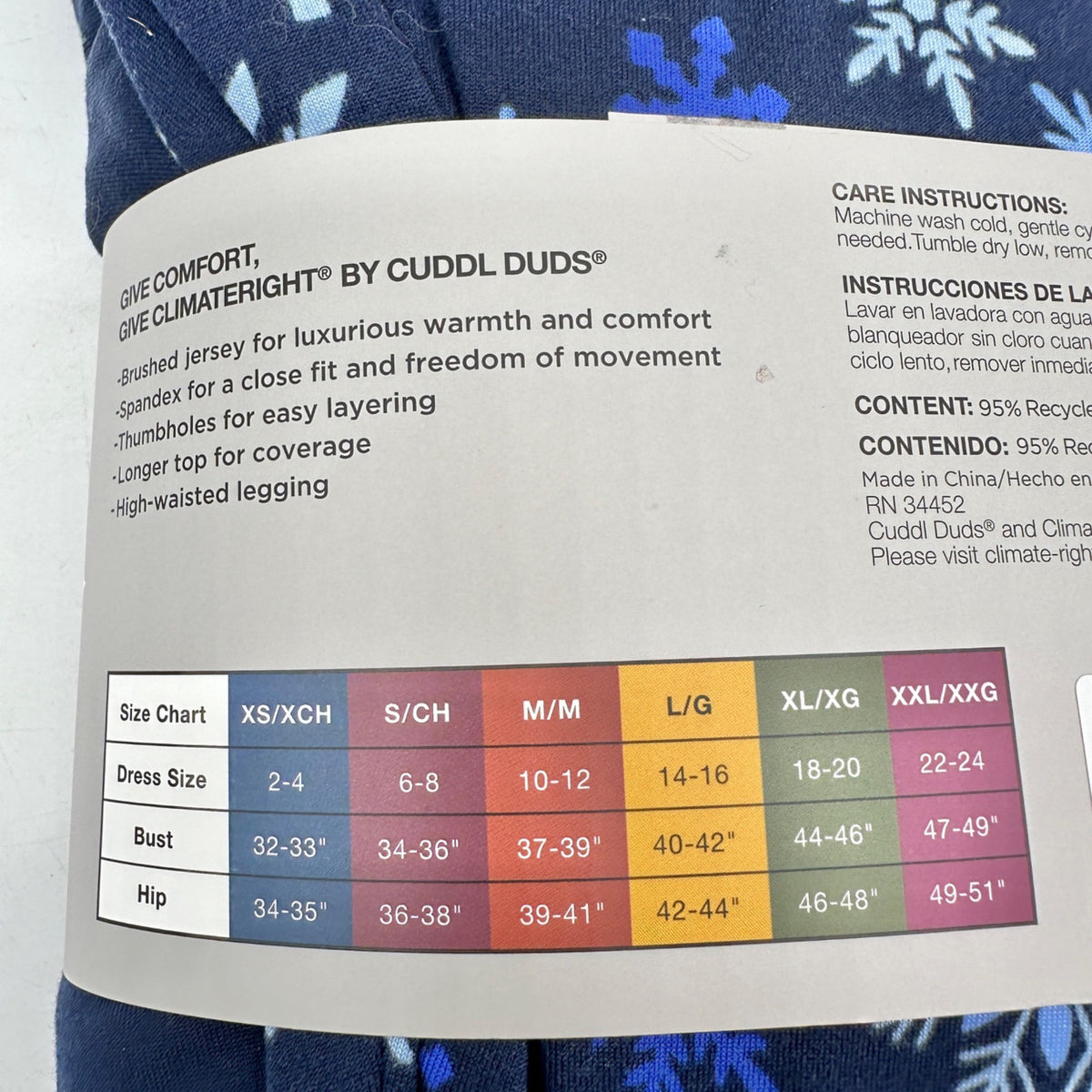 ClimateRight By Cuddl Duds 2pc Base Layer Set Womens XXL Blue Snowflake NIP