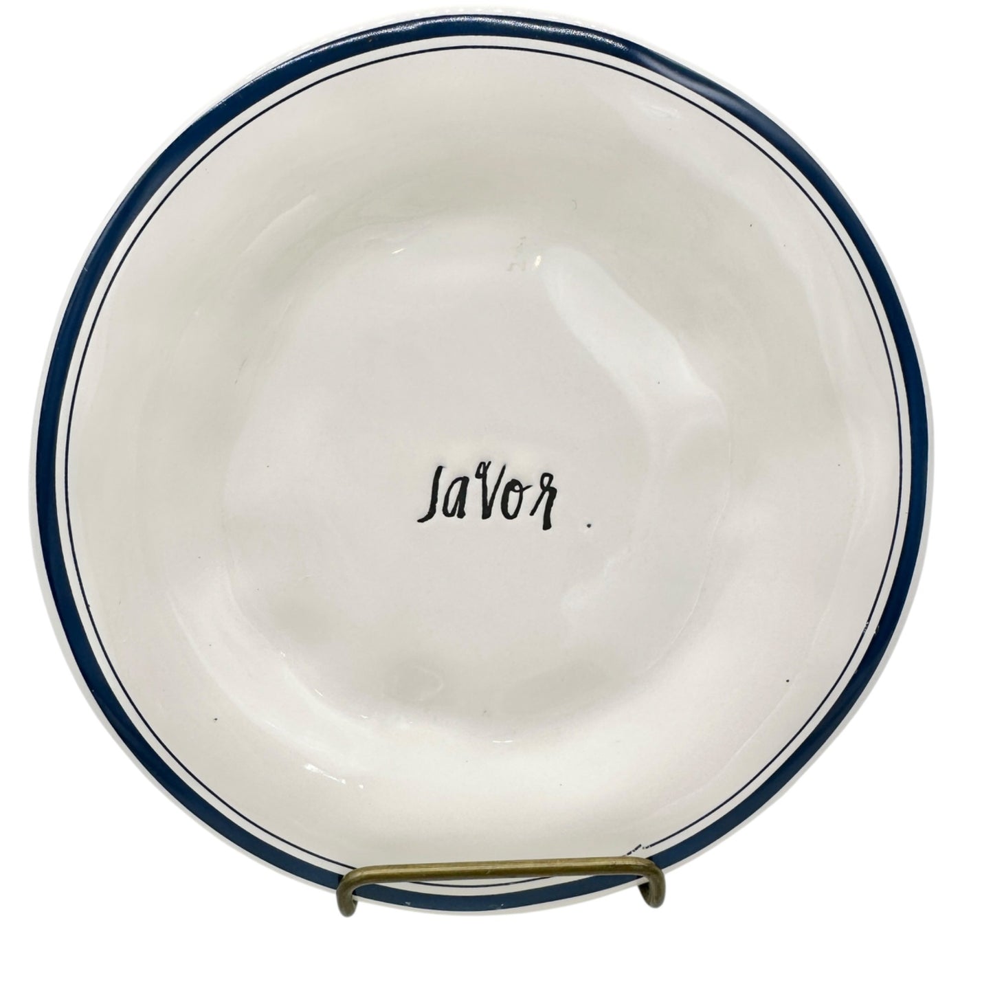 Vintage Rae Dunn Artisan Set of 3 Plates DINE SNACK SAVOR 6 inch White Blue Trim