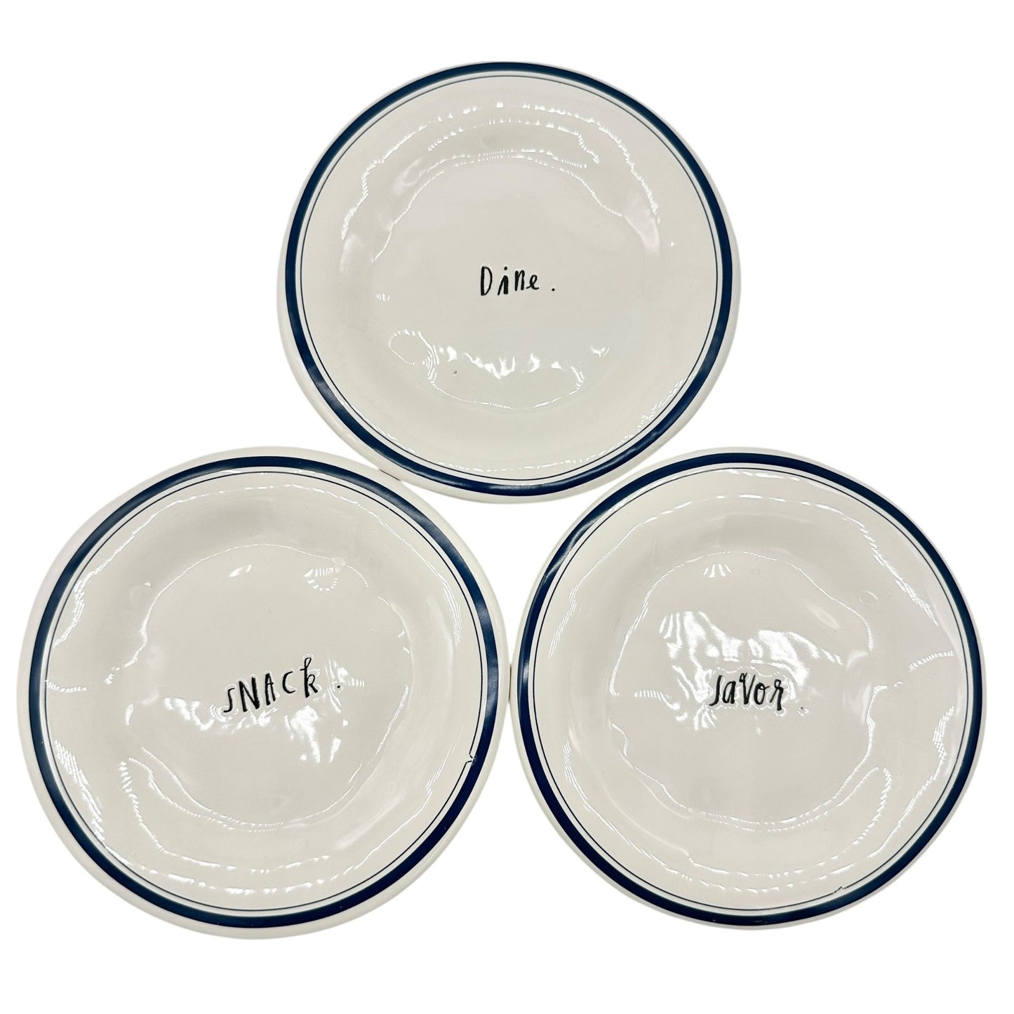 Vintage Rae Dunn Artisan Set of 3 Plates DINE SNACK SAVOR 6 inch White Blue Trim